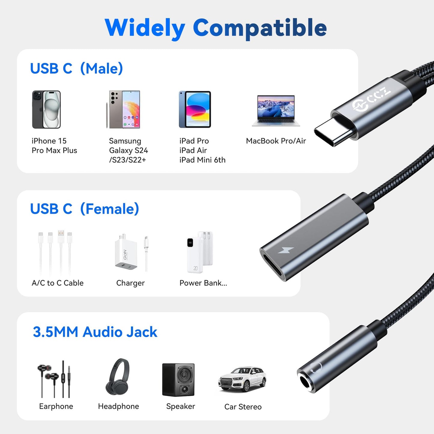 USB C Splitter for KZ ZS10 PRO, CCZ CA01 USB C to 3.5mm Audio Headphone and Charger Adapter, Type C Headphone Splitter 1 in 2 Out, IEM Cable DAC Dongle for Samsung Galaxy S25/S24/S23/S22 (USBC-3.5MM)