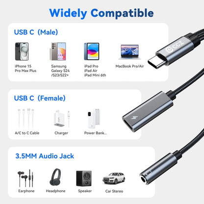 USB C Splitter for KZ ZS10 PRO, CCZ CA01 USB C to 3.5mm Audio Headphone and Charger Adapter, Type C Headphone Splitter 1 in 2 Out, IEM Cable DAC Dongle for Samsung Galaxy S25/S24/S23/S22 (USBC-3.5MM)