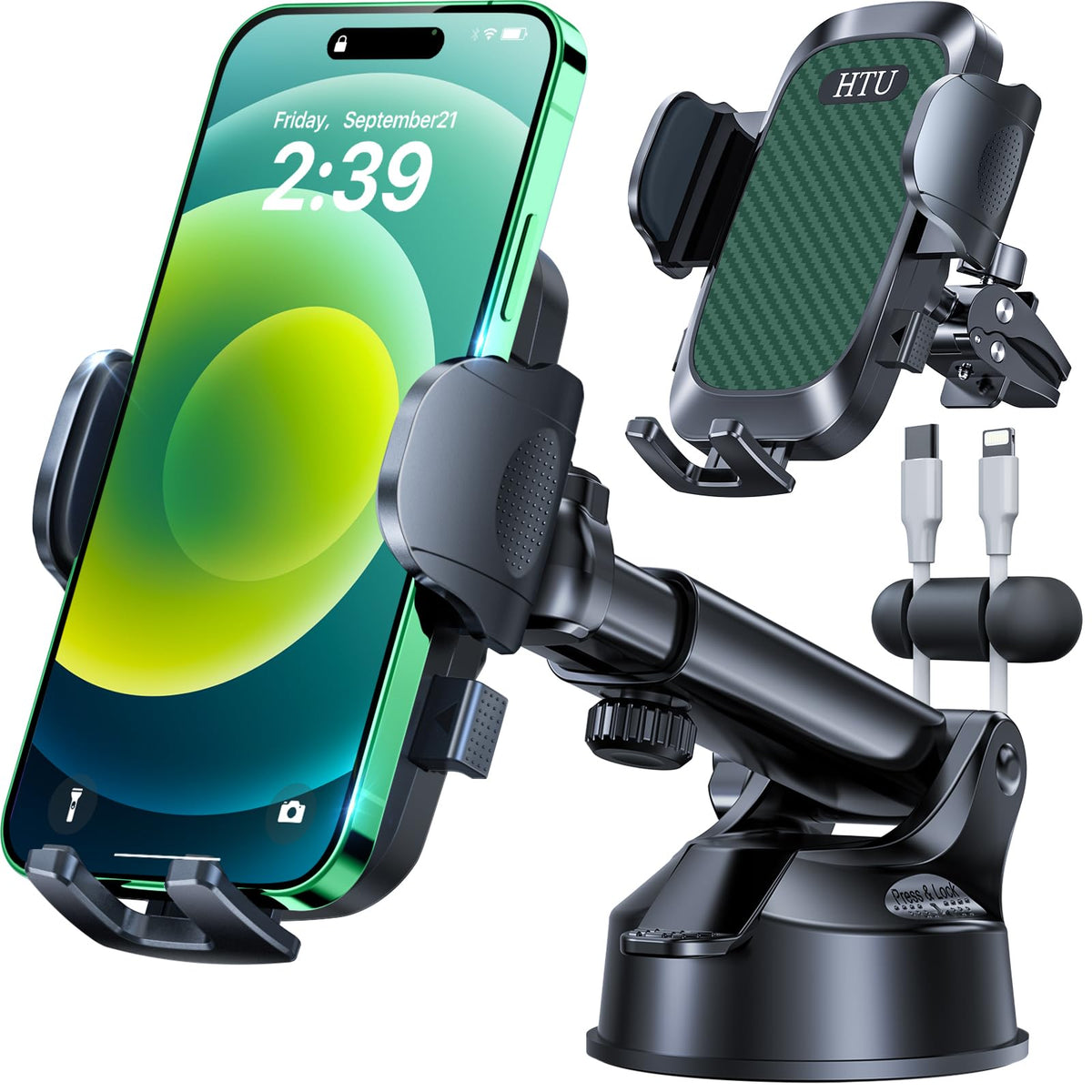 2026 Ultimate Best【True Military-Grade & Safety Cert】Car Phone Holder HTU【Upgraded 360° Rotation & 100LBS Strongest Suction】5-in-1 Truck Windshield Dashboard Vent Mount Stand for iPhone Android, Black