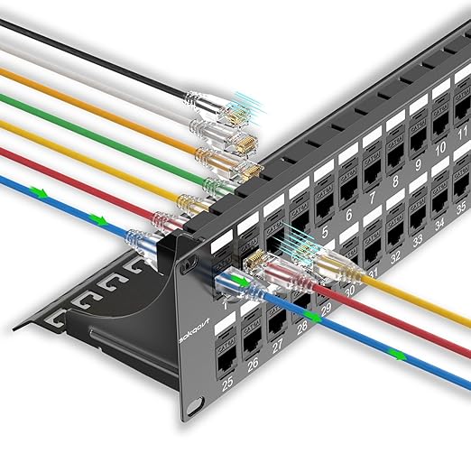 Sokqovt Patch Panel 48 Port Cat6a with Coupler Keystone, Cat6 Network Patch Panel 10G No Punch Down, Time-Saver Ethernet 2U Rj45 Panel with Sturdy Back Bar, 19 Inch Coupler Network Panel
