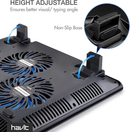 Havit HV-F2056 15.6-17 Inch Laptop Cooler Cooling Pad - Slim Portable USB Powered (3 Fans) (Blue)