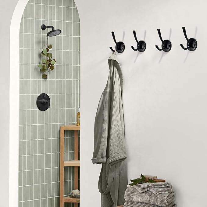 4 Packs Black Coat Hooks, Decorative Double Prong Metal Closet Hooks for Hanging Towels, Robes in Bathrooms, Kitchen