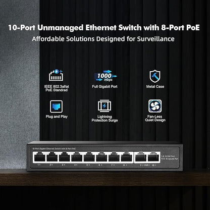 YuLinca 10 Port Mini Gigabit PoE Switch with 8 PoE+ Port, 2 Gigabit RJ45 Uplink, 10/100/1000Mbps, IEEE802.3af/at, Max 120W, Metal Fanless Plug & Play Ethernet Switch