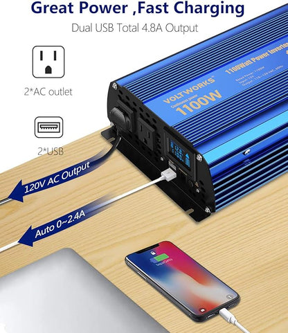 Power Inverter 1100 watt 12V DC to 110V 120V AC 1000w Inverter with LCD Display Remote Control 2AC Outlets Dual 2.4A USB Ports Compatible with Lithium Battery for Car RV Truck Boat by VOLTWORKS