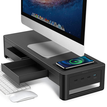 meatanty 3 In 1 Monitor Stand Riser with 2 Drawers,1 Wireless Charging Module and 4 USB Ports,Metal Computer Stand Support Transfer Data & Charging,Desk Organizer for PC,iMac (21 inches)