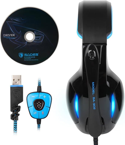 SA902 7.1 USB Surround Sound PC Headsets Over-Ear Gaming Headphones with Microphone LED Light