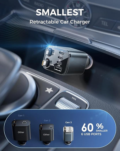 SUPERONE 6 in 1 Retractable Car Charger with Dual Type C Cables, 99W Ultra-Compact USB C Car Accessories Adapter with 4 USB Ports, Fast Charging Car Charger for iPhone 16/15/14/13/12, Galaxy, iPad
