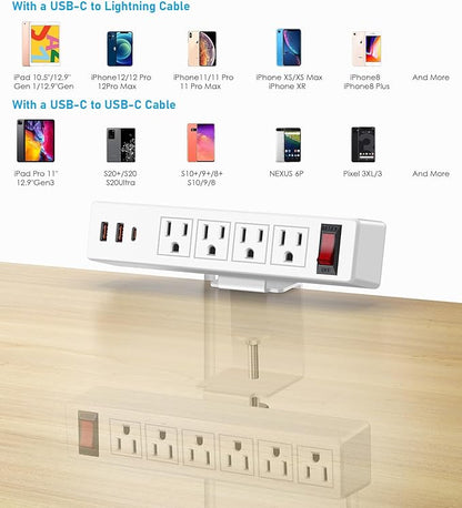 Desk Clamp Power Strip with PD20W USB-C, 2 in 1 Dual Layer Under Desk Power Strip, Removable Clamp Power Socket with 10AC Outlets & Switch, 6ft Extension Cord(ETL Listed)