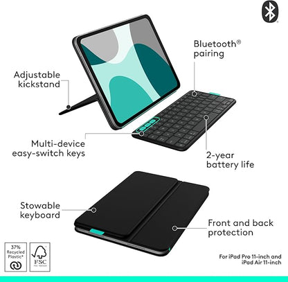 Logitech Flip Folio, Keyboard Case for iPad Pro 11-inch (M4) & iPad Air 11-inch (M2 & M3)(5th Gen - 2024) - Protective & Stowable Bluetooth Keyboard Case, Multi-Device - Midnight Black