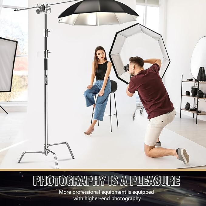 LOMTAP C Stand Light Stand Stainless Metal Photography Kit - Heavy Duty 10.8ft/330cm Vertical Pole, 4.2ft/128cm Boom Arm, Adjustable Base, Water Sandbag, 2 Grip Heads, 3 Clips for Softbox, Reflector