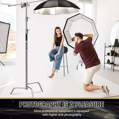 LOMTAP C Stand Light Stand Stainless Metal Photography Kit - Heavy Duty 10.8ft/330cm Vertical Pole, 4.2ft/128cm Boom Arm, Adjustable Base, Water Sandbag, 2 Grip Heads, 3 Clips for Softbox, Reflector