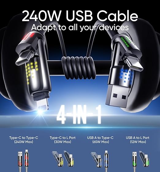 MAGIC JOHN 240W 4 in 1 Charging Cable, 4FT USB C to Lightning Cable [MFi Certified], Multi Chargers for All Devices, Chubby USB A/C to C/Lightning with Light for iPhone/MacBook/iPad/Samsung/Switch 2