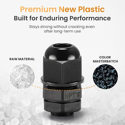 QILIPSU 50pcs 1/4" NPT Cable Gland Waterproof IP68 Nylon Cable Pass Through Cord Grip Connector Strain Relief Wire Grommet
