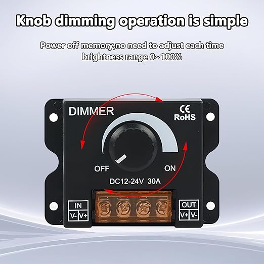 MAYWILLA LED Light Strip Dimmer Controller,DC 12V-24V 30A PWM Stepless Dimming Switch with Adjust Brightness ON/Off Knob and Aluminum Case for Single Channel 5050 3528 LED Light Strip