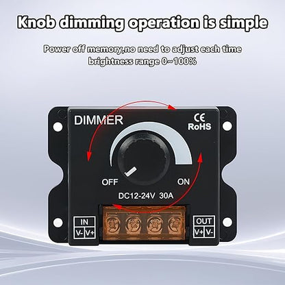 MAYWILLA LED Light Strip Dimmer Controller,DC 12V-24V 30A PWM Stepless Dimming Switch with Adjust Brightness ON/Off Knob and Aluminum Case for Single Channel 5050 3528 LED Light Strip