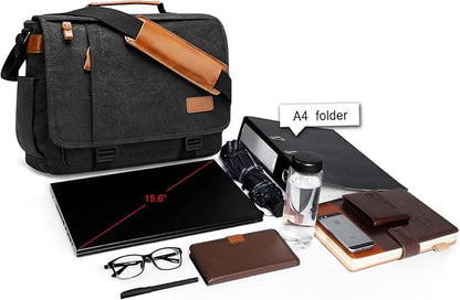 ESTARER Men Messenger Bag 15.6 inch, Water-resistant Canvas Computer Work Bag, Laptop Shoulder Bag Briefcase Satchel, Dark Grey