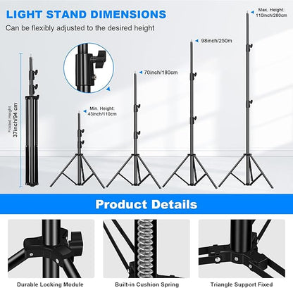 2pack Heavy Duty Light Stand 9.2ft / 110" Aluminum Spring Cushioned Tripod Lighting Stands Max Loading:10KG Adjustable 94cm-280cm with Carry Bag for Photography Softboxes Umbrella Studio Shooting