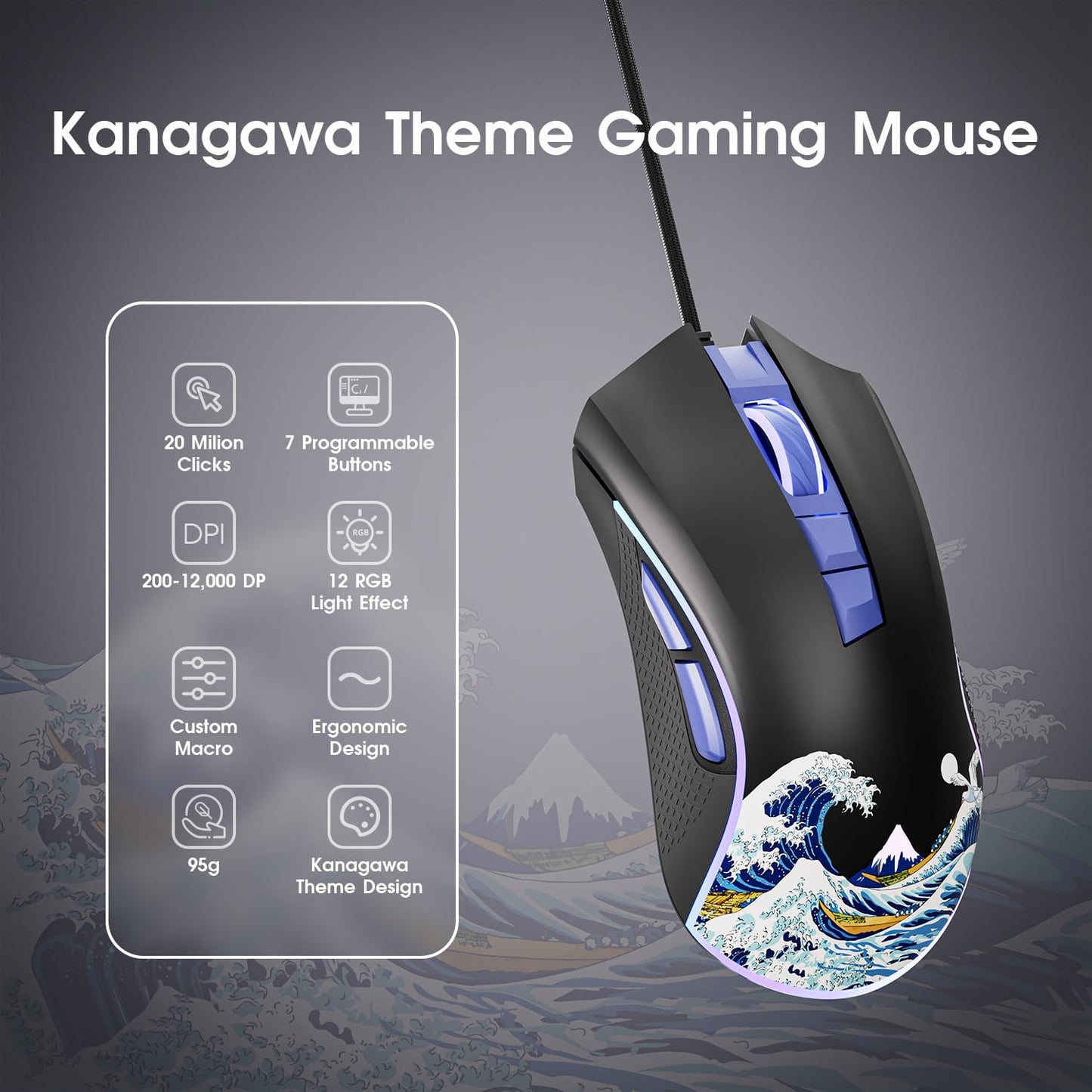 XVX Wired Gaming Mouse, 12000 DPI RGB Mouse with 12 Backlit Modes & 7 Macro Buttons, PC Gaming Mice Support DIY Keybinding, Gamer Computer Mice for Laptop PC Mac Windows, Kanagawa