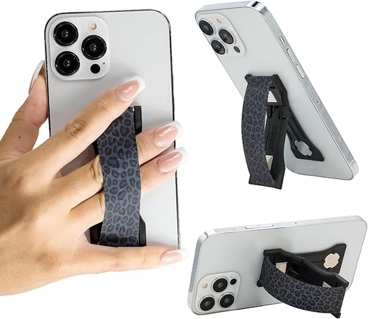 LOVEHANDLE PRO Premium Phone Grip - Silicone Phone Strap - Magnetic Phone Mount and Kickstand for Smartphone and Tablet - Black Leopard