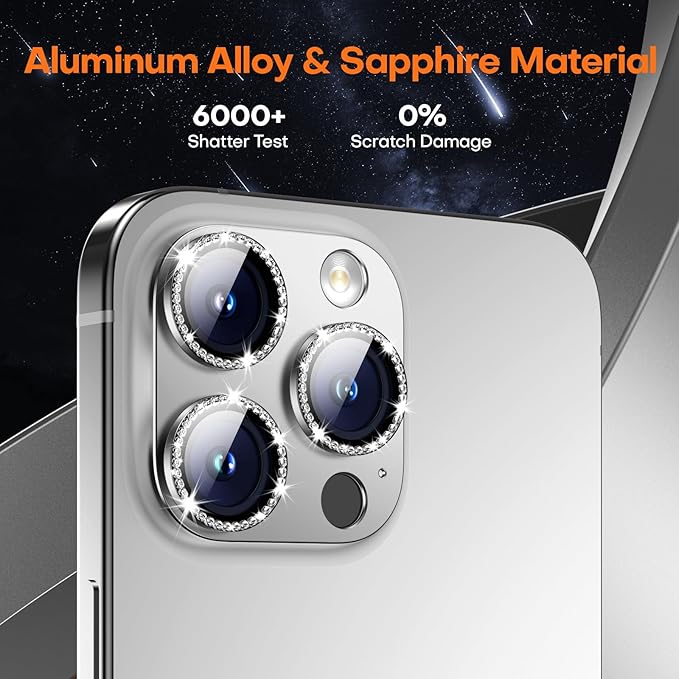 Camera Lens Protector for iPhone 16 Pro Max/16 Pro/15 Pro Max/15 Pro/14 Pro Max/14 Pro, Aluminum Alloy Sapphire Glass Camera Screen Cover, Case Friendly-Silver Diamond