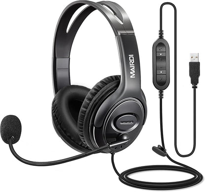 MAIRDI USB Headset with Microphone for PC, Computer Headset with Mic Noise Canceling for Laptop Teams Zoom Office Work Call Center Business Softphone, Dictation Headset for Dragon Naturelly Speaking