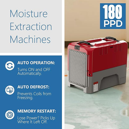 ALORAIR LGR Commercial Dehumidifier with Pump Drain Hose, 180 Pint Large Capacity Crawl Space Dehumidifier for Water Damage Restoration, Basements Warehouse & Job Sites, 5 Years Limited Warranty, Red