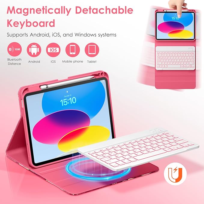 DTTO for iPad 11th (A16)/ 10th Generation Case with Keyboard (2025/2022), 7 Colors Backlit Wireless Detachable Keyboard Leather Folio Cover with Pencil Holder & Pocket, Red Marble