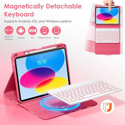 DTTO for iPad 11th (A16)/ 10th Generation Case with Keyboard (2025/2022), 7 Colors Backlit Wireless Detachable Keyboard Leather Folio Cover with Pencil Holder & Pocket, Red Marble