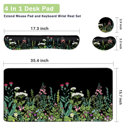 Keyboard Mouse Pad Set, Extended Mouse Pad+Keyboard Wrist Rest Support, Memory Foam Ergonomic Easy Typing, 3Pcs (35.4×15.7 in) Desk Pad Set for Home Office Study Game - Weeds