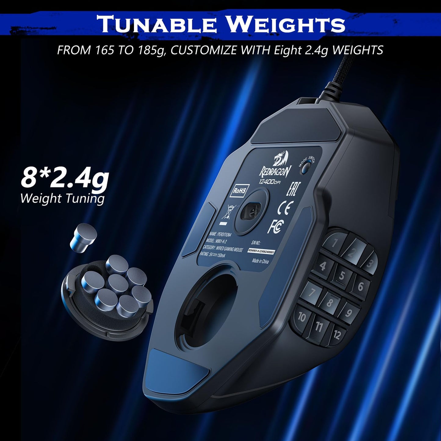Redragon Gaming Mouse, MMO Mouse Gaming UP 12400 DPI, 19 Macro Programmable Buttons, RGB Mouse with 12 Side Buttons, 8 * 2.4g Weight Tuning for PC Laptop MOBA FPS, M901K, Black