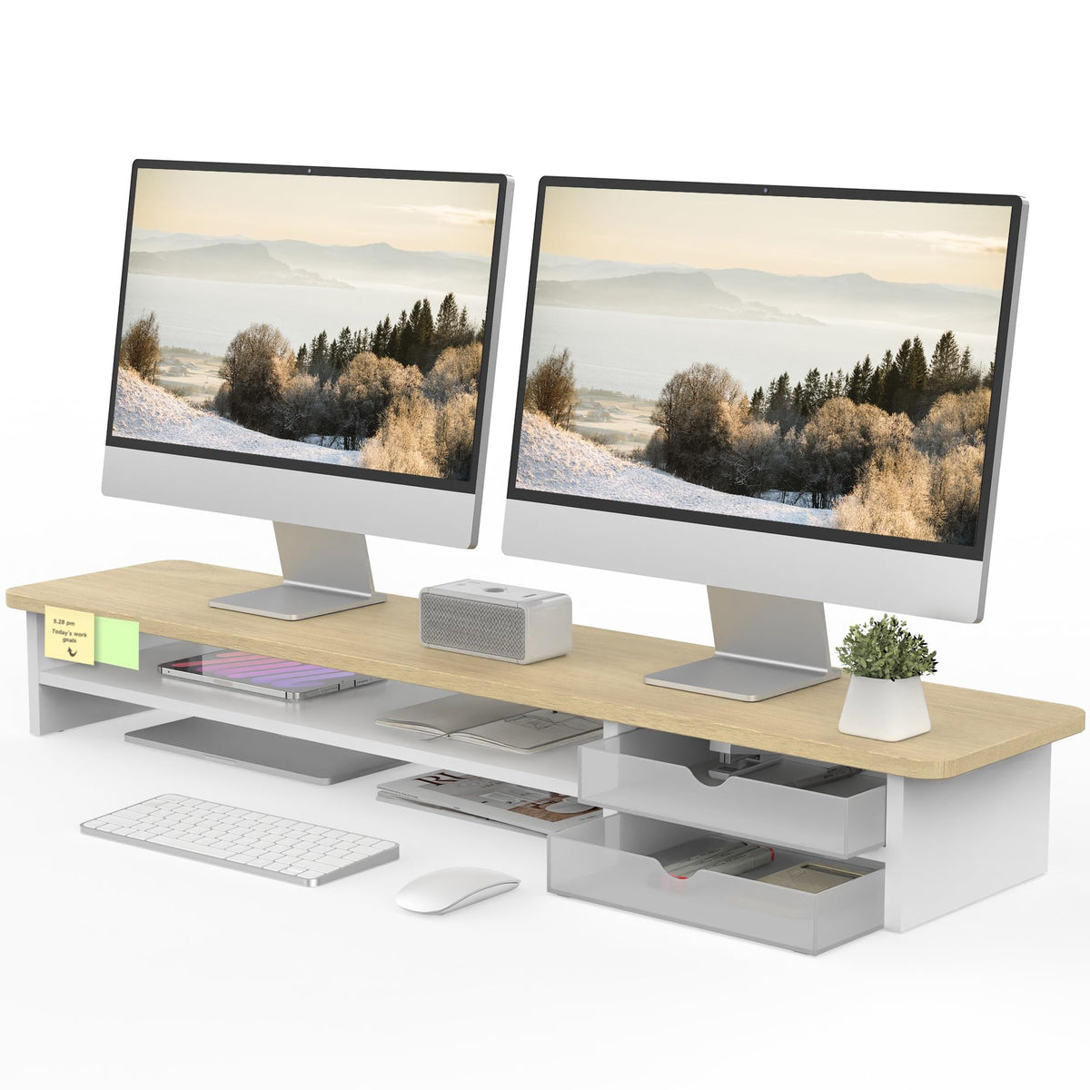 Fenge Monitor Stand, Desk Computer Riser with Frosted Storage Drawer, Oak