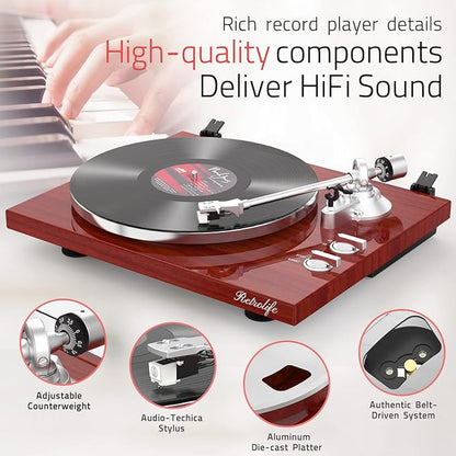 Record Player Turntables for Vinyl Record Belt-Drive Wireless Output Connectivity Phono Line Out USB Digital to PC Recording MM Audio Cartridge Stylus Counterweight Piano Shiny Classic Red