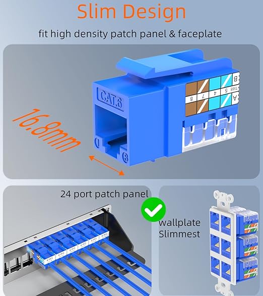 Rapink RJ45 Keystone Jack Cat6 10G Support, Cat6 Keystone Jacks UTP 50 Pack for Wall Plate and Patch Panel, Rj45 Keystone 90 Degree Blue Color for Cat 6, Cat5e, Cat5 Cabling