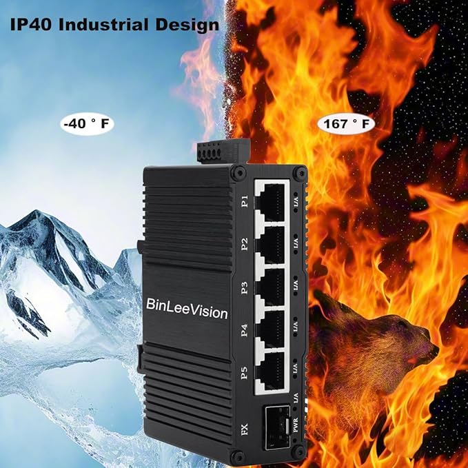 Industrial Mini Gigabit Ethernet Switch 5-Port RJ45 10/100/1000BASE-T+1-Port SFP Slot,Unmanaged Network Switch,Network Hub,Dinrail Mount or Wall-Mount,Plug & Play,Fanless (5 RJ45+1 SFP with PoE)