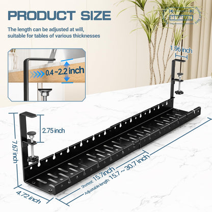 Shikha Under Desk Cable Tray, 15.7"-30.7" Retractable Under Desk Cable Management, No Drilling Cord Organizer with Clamp, Wire Management for Home Office -Black