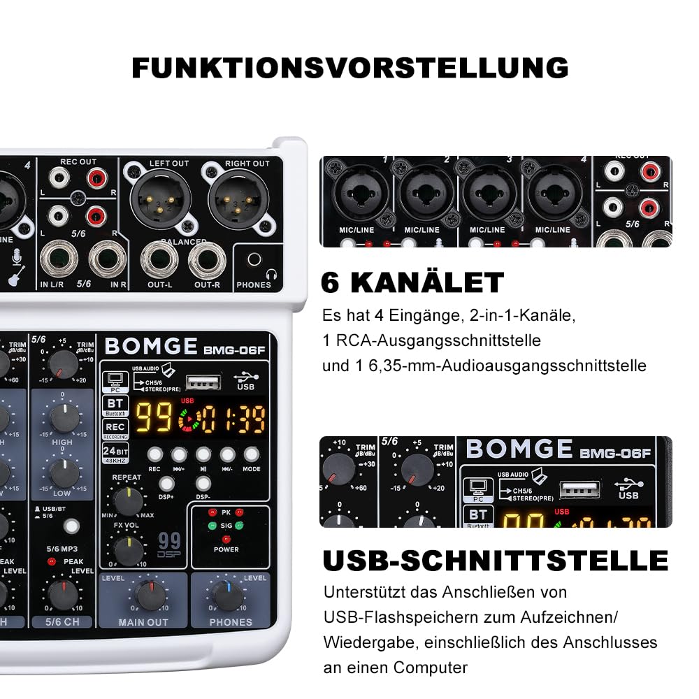 BOMGE 6 Channel mini DJ Audio sound mixer console with USB interface, Bluetooth, Stereo Recording, 48V Phantom Power, 99 DSP effects for karaoke, singing, live，streaming，pc recroding. (white)