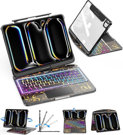 SIBEITU Keyboard Case for iPad Pro 11 Inch M5 2025 /M4 2024, Clear Wireless 360 Rotatable iPad Pro11 Cover, Multi-Touch Trackpad & Visible PCB High-Tech Design, 7-Color Backlight & 3-Brightness, Black