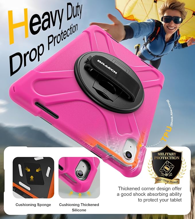 BRAECN for iPad (A16) 11th/10th Generation case 11/10.9 inch 2025/2022 Heavy Duty Shockproof Protective with Pencil Holder Screen Protector 360°Rotating Stand Handle & Shoulder Strap Full Body Cover