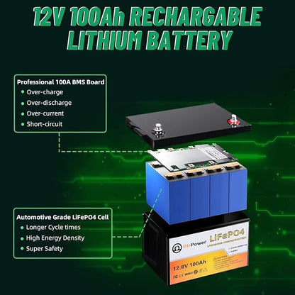 12V Lithium Battery-100Ah Lithium Phosphate Iron LiFePO4 Deep Cycle Battery,100A BMS,4000+ Cycles,Perfect for RV,Trolling Motor,Home Storage,Solar Power System and Outdoor Camping