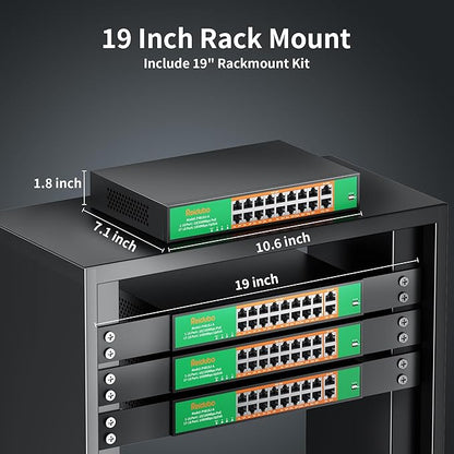 16 Port PoE Switch, 16 PoE+ 100Mbps Ports with 2 Gigabit Uplink, 300W Built-in Power, Support IEEE802.3af/at, Fanless, Rack Mount, Unmanaged Plug and Play Network Switch