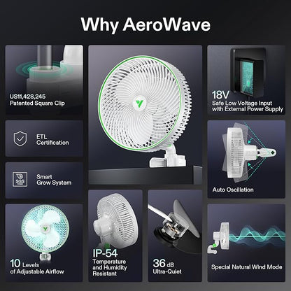 VIVOSUN AeroWave E9 Grow Tent Fan 9", EC Motor, WiFi-Controllable, US Patented Auto Oscillating Clip fan, IP54 Weatherproof, Strong Airflow & Quiet for Hydroponic Ventilation Circulation, White