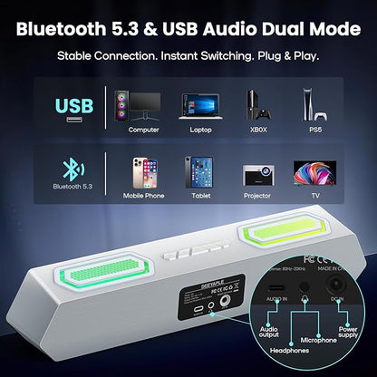 Deeyaple Computer Speakers, 40W Wireless Soundbar for Desktop PC with Bluetooth 5.3 & USB Audio, Dynamic RGB Lighting, Software Custom EQ, External Power Adapter Gaming Speakers, Laptop, Xbox (White)
