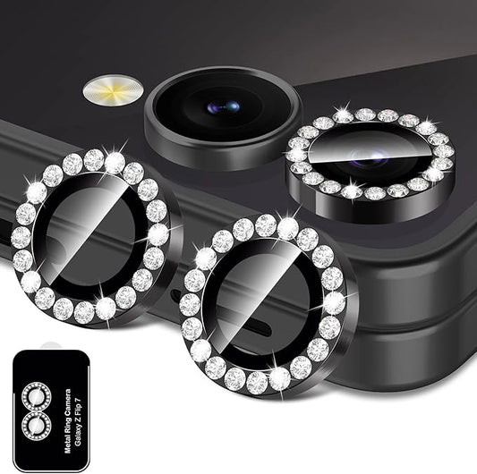 Avocase for Samsung Galaxy Z Flip 7 Camera Lens Protector, Individual Metal Ring Tempered Glass Lens Cover, [Strong Adsorption] Scratch Resistant Ultra-Thin HD Clear Lens Cover, 1 Set-Black Diamond