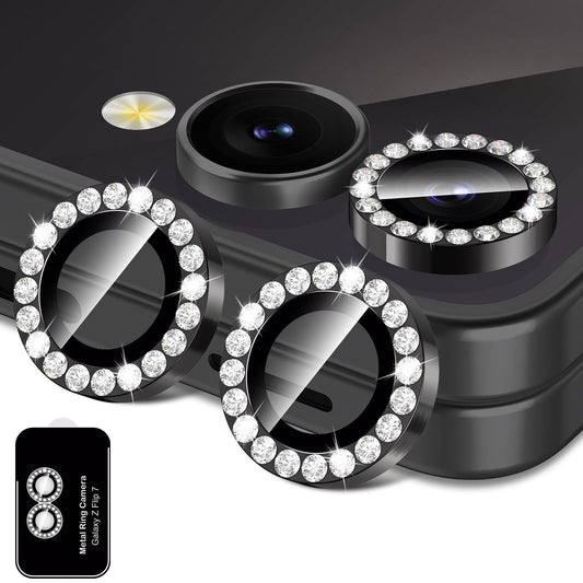 Avocase for Samsung Galaxy Z Flip 7 Camera Lens Protector, Individual Metal Ring Tempered Glass Lens Cover, [Strong Adsorption] Scratch Resistant Ultra-Thin HD Clear Lens Cover, 1 Set-Black Diamond