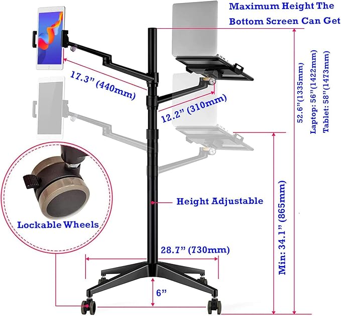 Triple arm Height Adjustable Stand Mount with Rolling Wheel for Laptop(11-17 inch) and Compatible with ipad iPad pro 12.9 inch/Tablet/Ereader (Black)