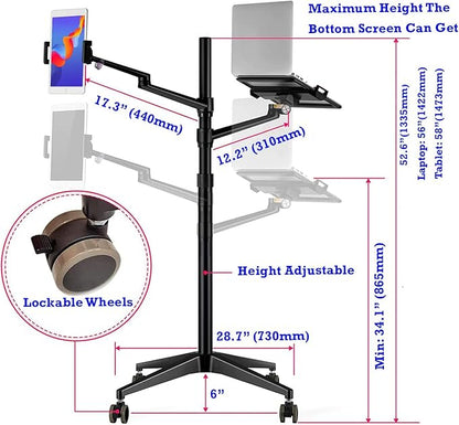 Triple arm Height Adjustable Stand Mount with Rolling Wheel for Laptop(11-17 inch) and Compatible with ipad iPad pro 12.9 inch/Tablet/Ereader (Black)