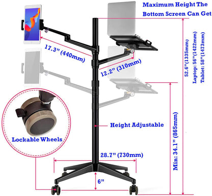 MagicHold Triple arm Height Adjustable Stand Mount with Rolling Wheel for Laptop(11-17 inch) and Compatible with ipad iPad pro 12.9 inch/Tablet/Ereader (Black)