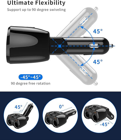 [2025 Upgraded] Cigarette Lighter Splitter, SUPERONE 180W 2-Socket Cigarette Lighter Adapter with Dual QC3.0 and 20W PD USB C Car Charger Splitter for GPS/Dash Cam/Laptop/iPad/iPhone 16/15/14/13/12/11