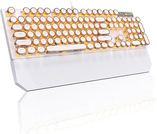 MageGee Typewriter Mechanical Gaming Keyboard, Retro Gold Punk Round Keycaps LED Backlit Wired Keyboards for Laptop MAC PC Gamer, with Magnetic Wrist Rest - Blue Switch