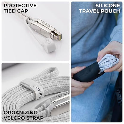 Rolling Square inCharge XL 200 cm - USB-C Cable, Universal Smartphone Cable, Gift for Men, 6-in-1 Universal Charger for Smartphones, Technical Gadget, White, Lightning Cable 100W